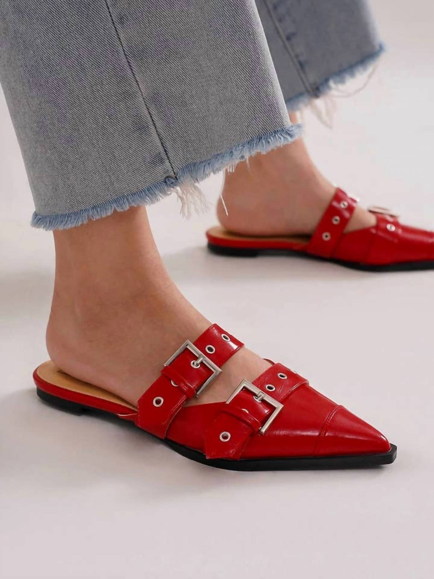 Let'S See Style - Women's Double Buckle Strap Pointed Toe Flat Mules - Image 2